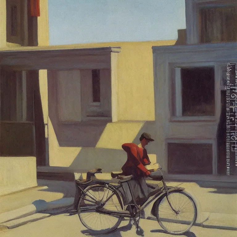 Image similar to a man with a bike resting in quiet town, painted by Edward Hopper, oil painting