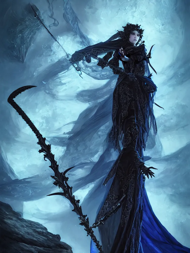Prompt: portrait of a fierce fantasy female assassin, highly detailed, detailed gothic cloak, blue flame, fractal silk, huge fractal crystal scythe, epic composition, ultra wide-shot, rocky field, concept art, beautifully lit, digital painting, smooth, character design, sharp focus, rugged, post processing, trending on artstation, by WLOP, ruan jia, Tom Bagshaw, Alexi zaitsev, Craig mullins