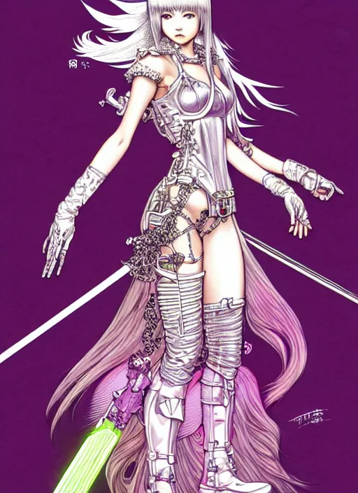 Image similar to final fantasy highly detailed terada katsuya artgerm artstation minaba hideo manga poster of princess mechine, long hair, armor, dress, laces, ruffles, 8 k, fluorescent, maximalist, jump comics, tomer hanuka