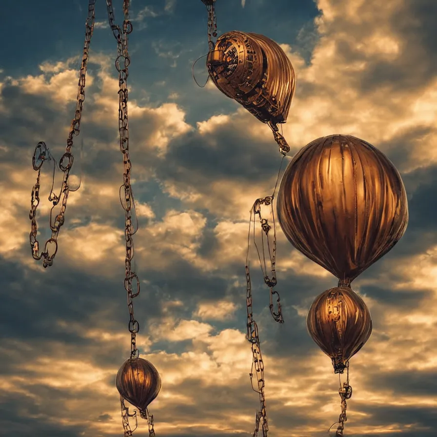 Image similar to beautiful steampunk blimps high in the sky, copper chains hanging from the edges, golden hour, steam clouds, clouds, valves, award winning photography, highly detailed, low poly, extremely wide angle