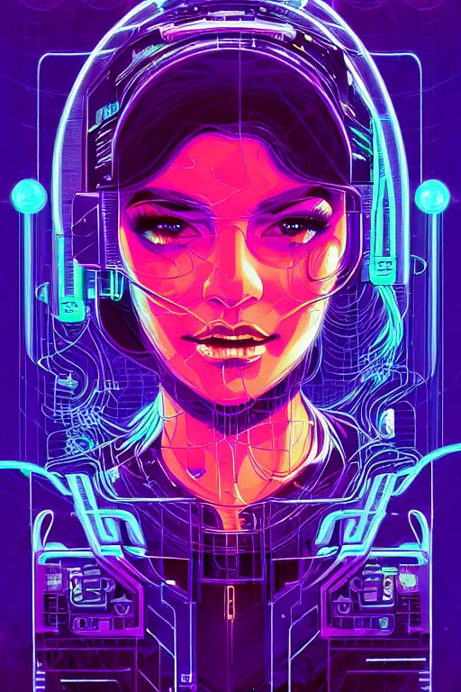 Image similar to dreamy cyberpunk girl, abstract smoke neon, digital nodes, computer network, beautiful woman, detailed acrylic, grunge, intricate complexity, by dan mumford and by kilian eng