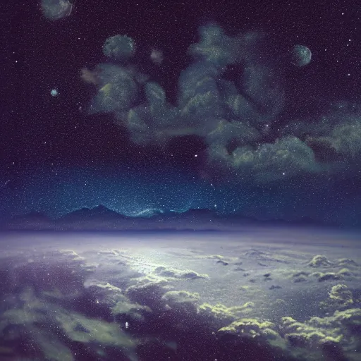 Prompt: a calm river flowing among a field of clouds and stars in space