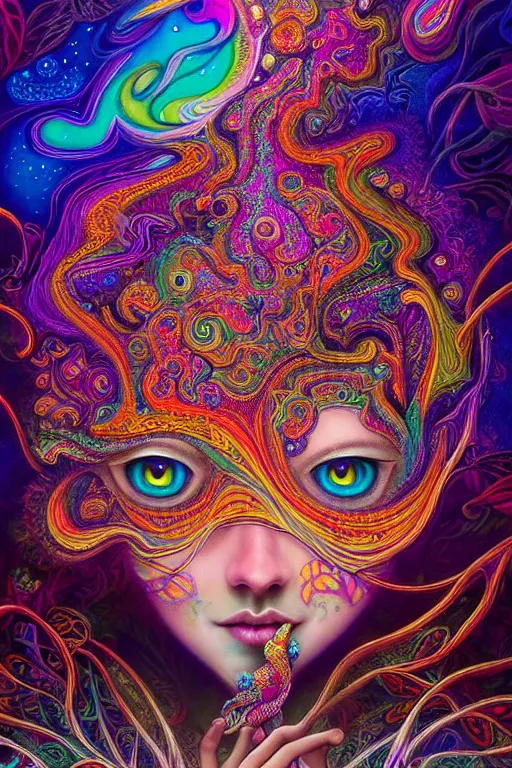 Image similar to third eye opening dream of wild life, extremely colorful psychedelic experience, abstract, dmt, psilocybin, lsd, intricate, elegant, highly detailed, digital painting, artstation, smooth, sharp focus, illustration, art by hana yata, android jones, josephine wall octane render, unreal engine, 8 k