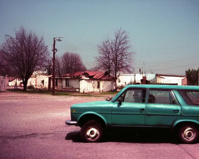 Image similar to a lomographic photo of old soviet car standing in typical soviet yard in small town, soviet suburbs on background, cinestill, bokeh, 1 9 8 0