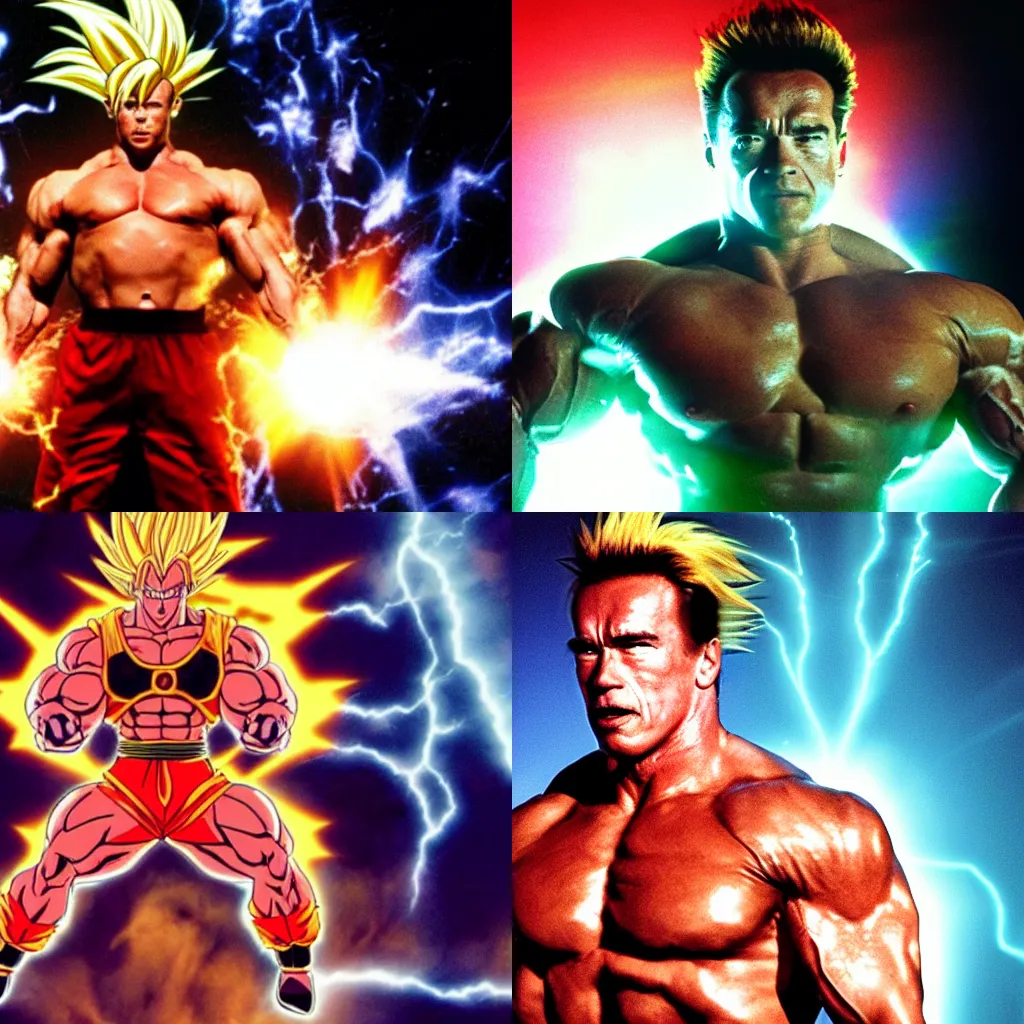 Prompt: Arnold Schwarzenegger as Super Saiyan powering up, glowing aura, high quality,