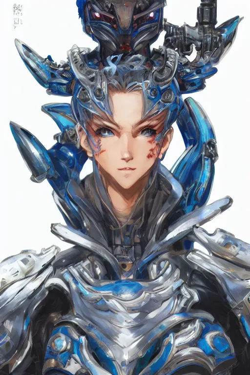 Image similar to concept art, anime portrait of a ninja cyborg warrior wearing an intricate azure wolf themed armor by Masamune Shirow, Stanley Artgerm Lau, WLOP, Rossdraws, James Jean, Andrei Riabovitchev, Marc Simonetti, and Sakimichan, trending on artstation