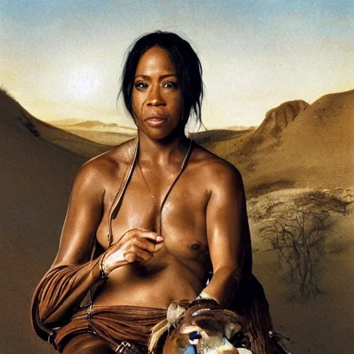 Prompt: a woman’s face and body. Woman is riding a donkey down a ravine in a post-apocalyptic desert. The woman is dark-skinned. Regina king, Selma Hayek. Dutch masters. Beautiful and epic. Incredible detail.