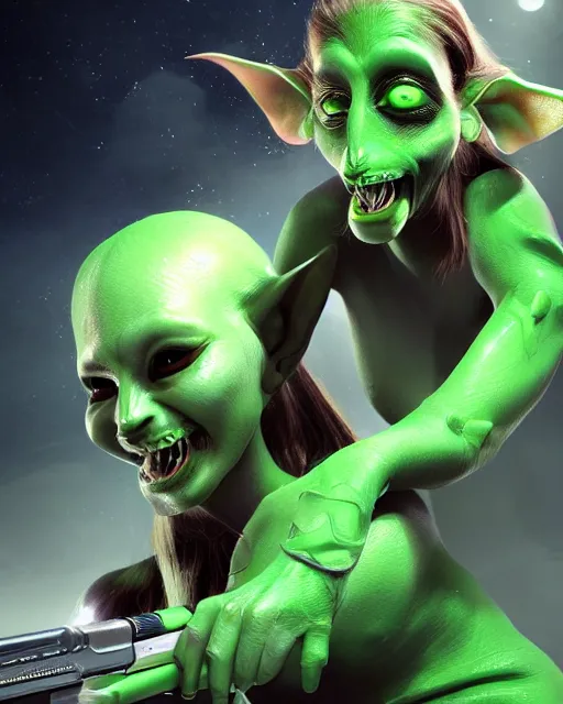 Image similar to attractive futuristic goblin girl with green skin holdig a laser rifle with hair on her head and pointy ears, photorealistic digital illustration, sci fi