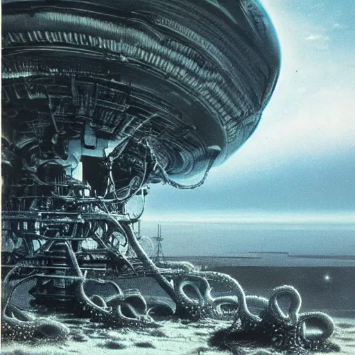 Image similar to wide angle view, thundra ufo crash site, team of scientists studying captured alien octopus, by bruce pennington