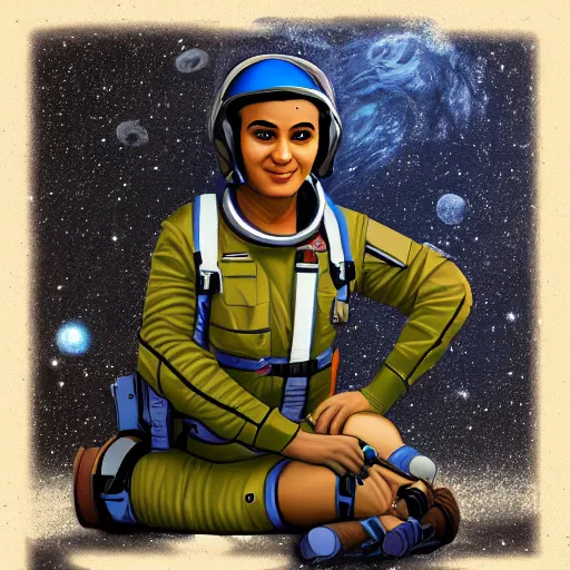 Prompt: a female space cadet from india, resting after a hard mission, happily tired, sci fi character portrait by Vincent deFate