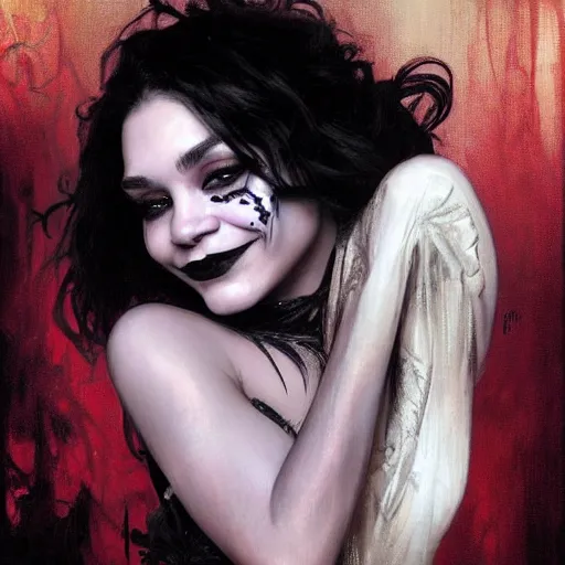 Image similar to beautiful portrait of vanessa hudgens as death from sandman, smiling, by cedric peyravernay, alphonse mucha, by jeremy mann, by lecouffe deharme, goth chic, soft lightning, eyeliner, punk rock, high detailed, 8 k