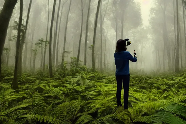 Image similar to a tourist taking a photo of a complex organic fractal 3 d ceramic sphere floating in a lush forest, foggy, cinematic shot, photo still from movie by denis villeneuve