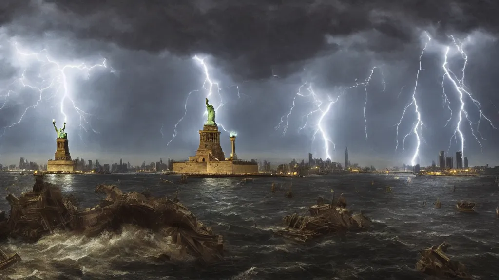 Prompt: elder god standing over destroyed statue of liberty, lightning, storms, volumetric lightning by eugene von guerard, ivan shishkin, dramatic lighting, concept art, trending on artstation, 8 k