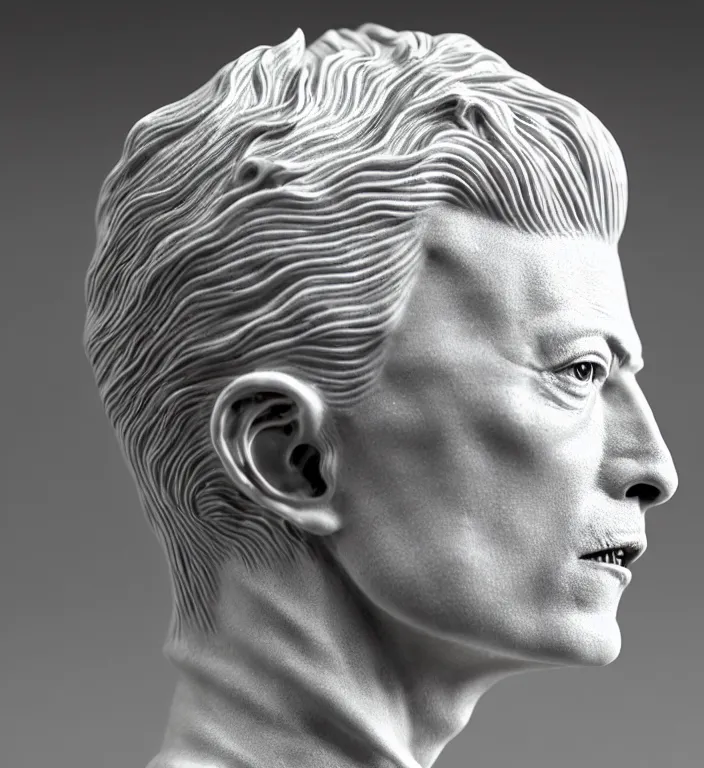 Image similar to David Bowie , A Close up photo-real delicate ceramic porcelain sculpture of a symmetrical ornate detailed in front of an intricate background by Victo Ngai and takato yamamoto, micro detail, backlit lighting, face in focus, subsurface scattering, translucent, thin porcelain, octane renderer, colorful, physically based rendering, japanese pottery, trending on cgsociety