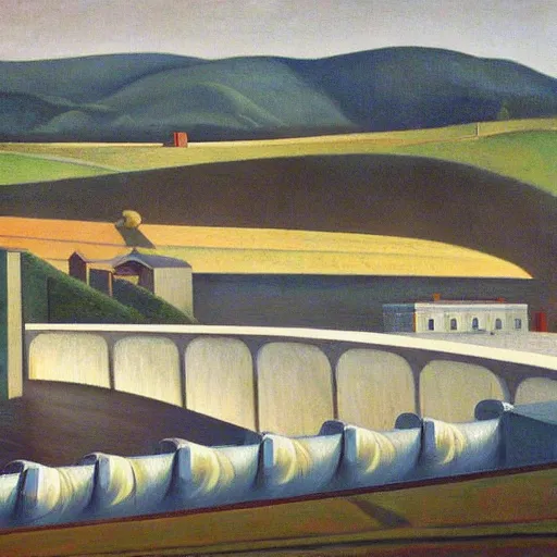 Image similar to hydroelectric dam, turbines, spillway, fish ladder, robot caretakers, grant wood, pj crook, edward hopper, oil on canvas