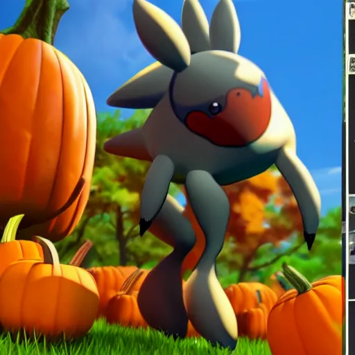 Image similar to A pokemon that looks like The flying beetle,pumpkin body,Trending on art station. Unreal engine.