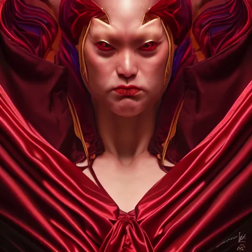 Image similar to chaotic burgundy satin ribbons instead of skin build image of dangerous agressive mystic face, moebius, bao pham, donato giancola, larry elmore, masterpiece, trending on artstation, featured on pixiv, cinematic composition, beautiful lighting, sharp, details, hyper - detailed, hdr, 4 k, 8 k