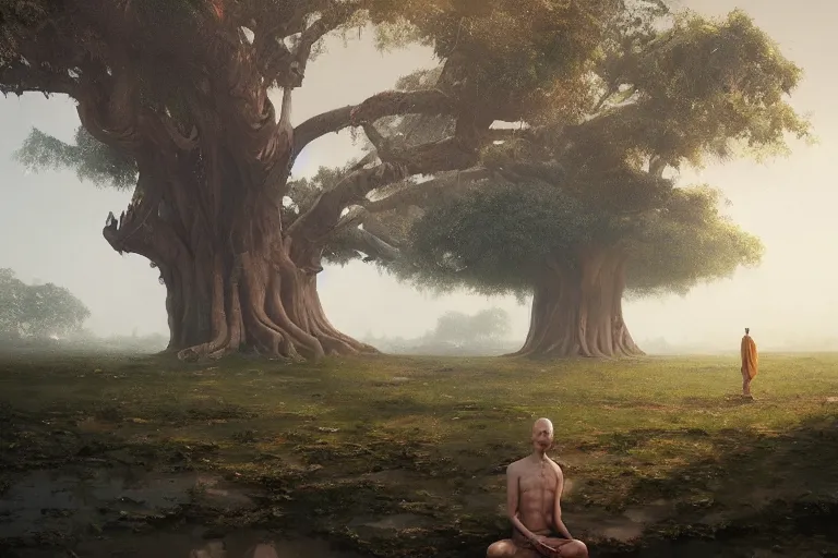 Prompt: a big banyan tree, a monk meditating, sun rising, water on ground, hyperdetailed artstation cgsociety by greg rutkowski