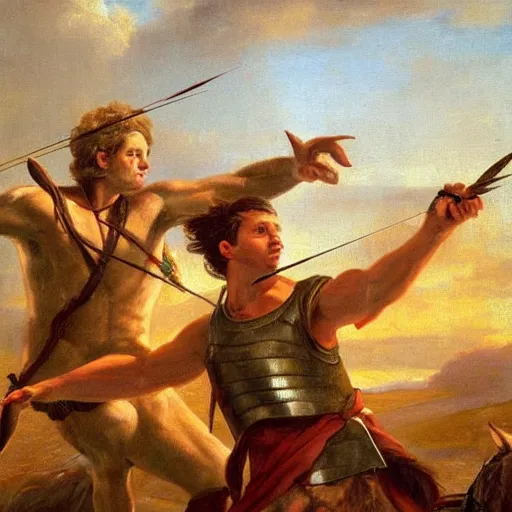 Prompt: A portrait of a centaur prancing, and shooting an arrow by a bow in a battle at golden hour, epic, fantasy, oil painting