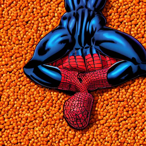 Prompt: morbidly obese spiderman laying on a giant bed of cheetos, 7 0 mm, super high resolution, award winning