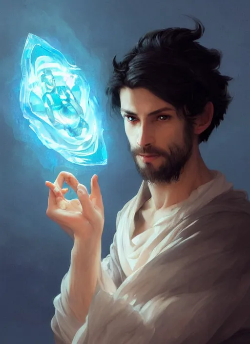 Image similar to character concept portrait of an attractive young sleepy Spanish wizard with blue skin conjuring an ocean spell, a floating iridescent spell book in the center, intricate, elegant, digital painting, concept art, smooth, sharp focus, illustration, from Metal Gear, by Ruan Jia and Mandy Jurgens and William-Adolphe Bouguereau, Artgerm