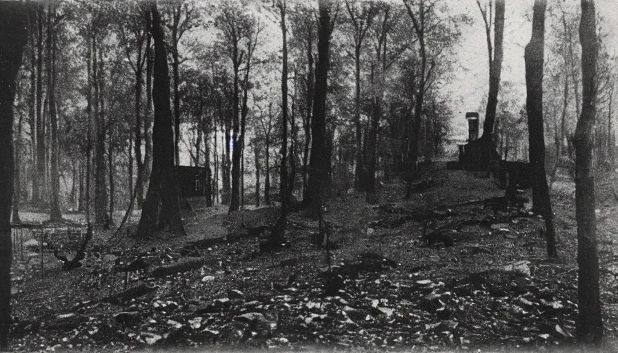 Prompt: photo of 19th century dark coal-mine entry in the forest by Diane Arbus and Louis Daguerre