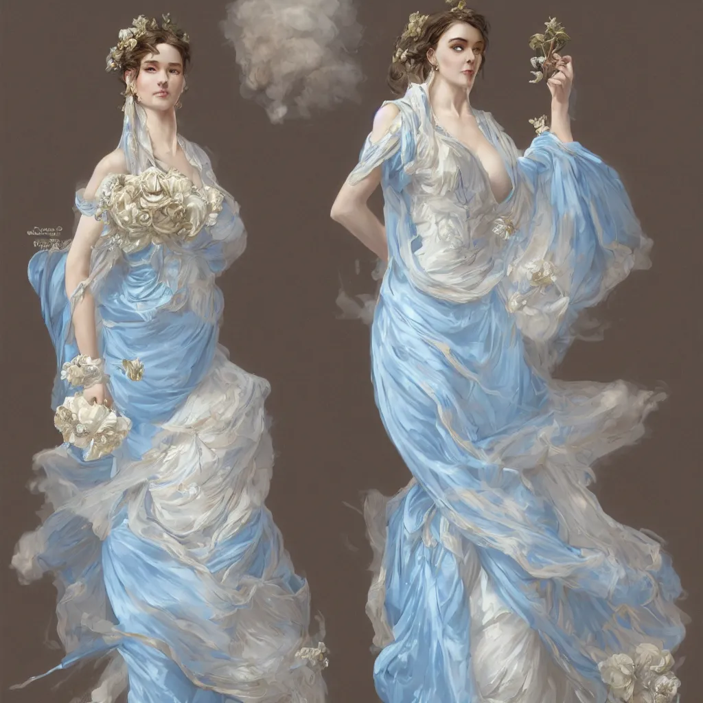 Image similar to one lady dressed in a vaporous wrapped large majestic victorian cream roses silk semi-transparent blue and cream dress fashion is running D&D, fantasy, intricate, elegant, highly detailed, digital painting, artstation, concept art, matte, sharp focus, illustration, art by Artgerm and Greg Rutkowski and Alphonse Mucha