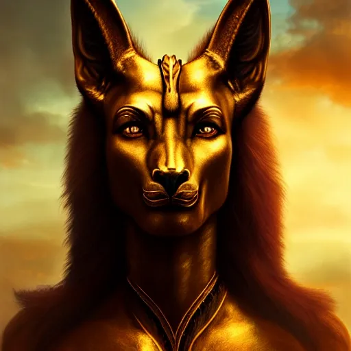 Image similar to Majestic gracious Anubis female warrior portrait, atmospheric lighting, painted, intricate, volumetric lighting, beautiful, rich deep colours masterpiece, golden hour, sharp focus, ultra detailed, by Leesha Hannigan, Ross Tran, Thierry Doizon, Kai Carpenter, Ignacio Fernández Ríos