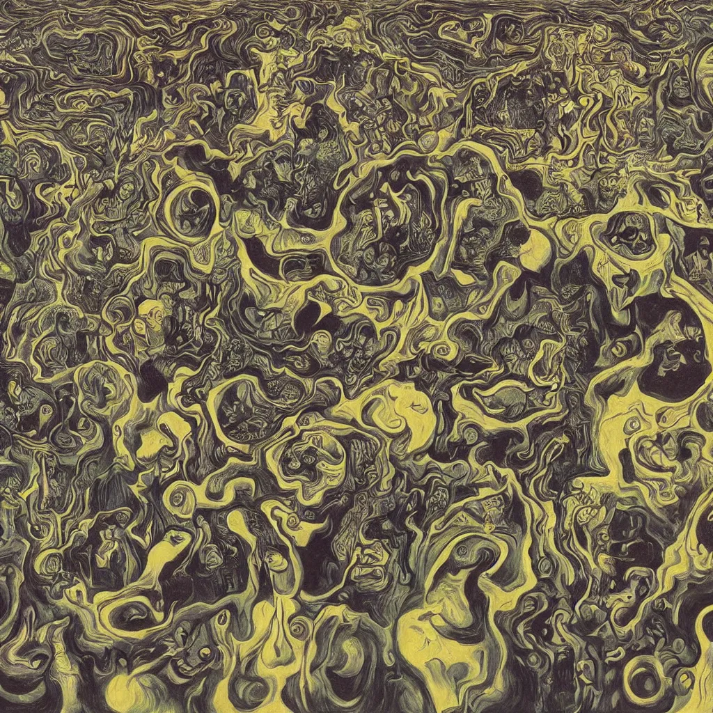 Image similar to intergalactic psychonaut unholy gathering, 4K, by collaboration of M. C. Escher and Salvador Dali and Van Gogh