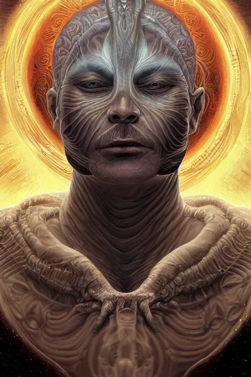 Prompt: cinematic portrait of an alien god emperor. Centered, uncut, unzoom, symmetry. charachter illustration. Dmt entity manifestation. Surreal render, ultra realistic, zenith view. Made by hakan hisim feat cameron gray and alex grey. Polished. Inspired by scifi painter glenn brown. Decorated with Sacred geometry and fractals. Extremely ornated. artstation, cgsociety, unreal engine, ray tracing, detailed illustration, hd, 4k, digital art, overdetailed art. Intricate omnious visionary concept art, shamanic arts ayahuasca trip illustration. Extremely psychedelic. Dslr, tiltshift, dof. 64megapixel. complementing colors, Trending on artstation, deviantart