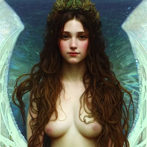 Prompt: portrait of mermaid goddess, intricate, elegant, highly detailed, digital painting, artstation, concept art, smooth, sharp focus, illustration, art by artgerm and greg rutkowski and alphonse mucha and william - adolphe bouguereau