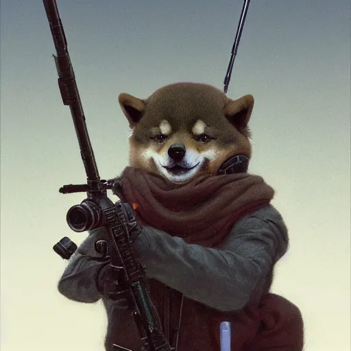 Image similar to anthropomorphic shiba inu, holding sniper riffle, science fiction, cementary, scifi, 3 d render, masterpiece, red aura, by donato giancola and greg rutkowski and wayne barlow and zdzisław beksinski, realistic face