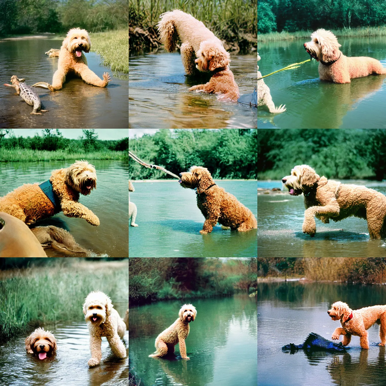 Prompt: cinestill of a blonde labradoodle playing with alligators, action shot, nature documentary