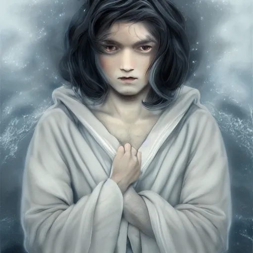 Prompt: boy with snow white shoulder-length hair, wearing a white flowing robe. beautiful hyperdetailed eyes, concept art, illustration, trending on artstation