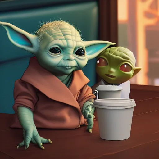 Prompt: Baby Yoda and Baby Groot are chilling in a coffee shop together hyperdetailed, artstation, cgsociety, 8k