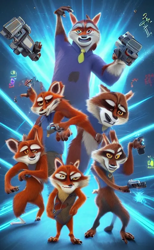 Prompt: “red racoons facing off with blue racoons in the style of zootopia, they’re all holding a laser gun”