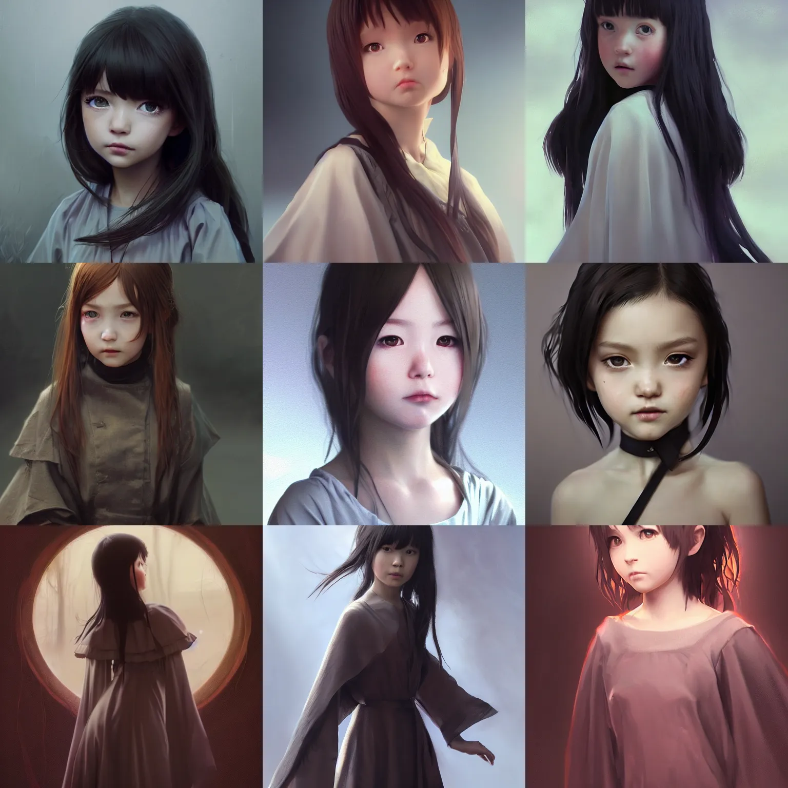 Image similar to realistic style at CGSociety by WLOP,ilya kuvshinov,krenz cushart,Greg Rutkowski,trending on artstation.Zbrush sculpt colored,Octane render in Maya,Houdini VFX.Realistic cute young girl who is dark disciple,expressing joy,wearing robe,silky hair, deep eyes.Oil painting.Cinematic dramatic atmosphere,sharp focus,soft volumetric studio lighting.