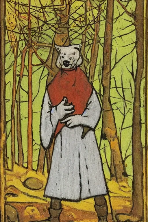 Prompt: a painting of slavic dog head man, woolen torso in medieval clothes, walking in the forest, in a white outfit, a character portrait by jean fouquet, reddit, synthetism, woodcut, grotesque, tarot card