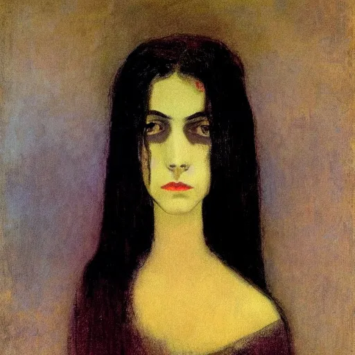 Prompt: gothic woman with big dark eyes, thick eyebrows and long hair by Odilon Redon