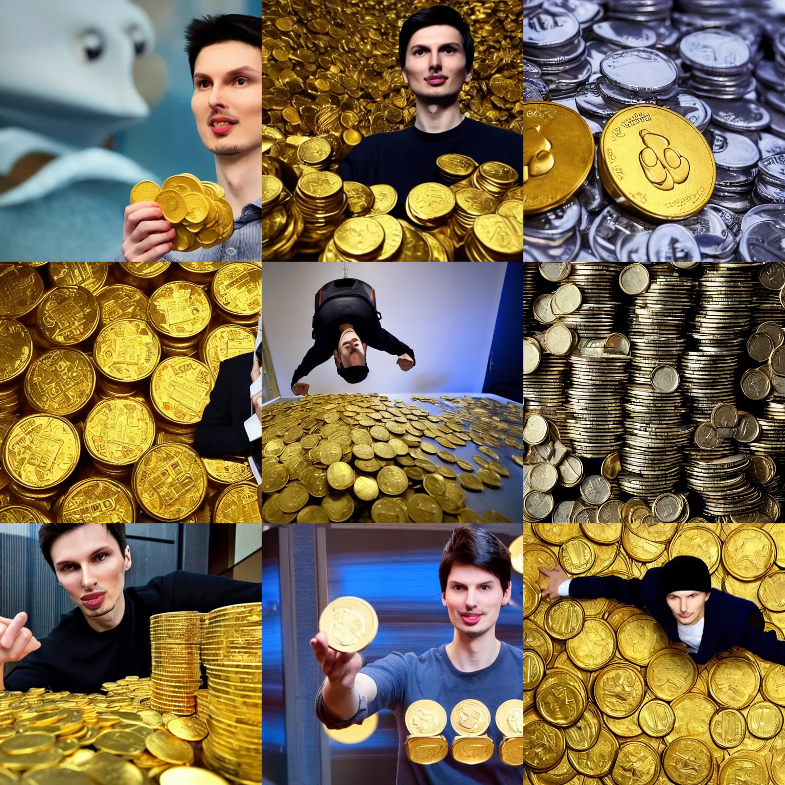 Prompt: pavel durov is diving into storage with golden coins like scrooge mcduck