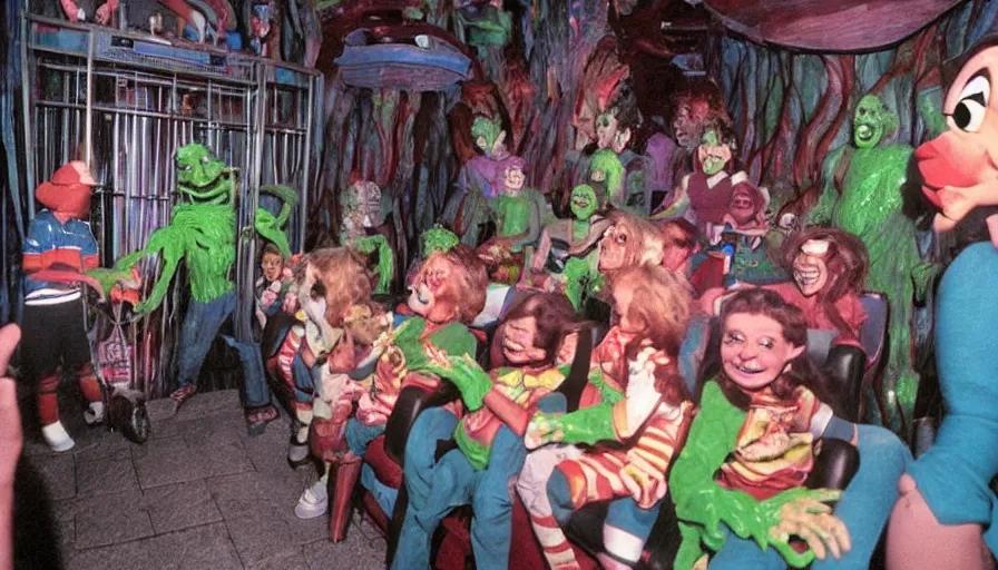 Image similar to 1990s photo of inside the Goosebumps Ride at Universal Studios in Orlando, Florida, children riding through a Haunted ventriloquist theater, slime, cinematic, UHD