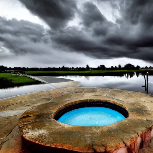Image similar to a throne of water rising from a pool, overcast stormy skies