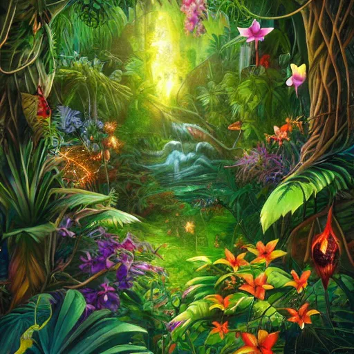 Prompt: an enchanted forest full of tropical flowers and fireflies, by joe jusko, trend in artstation