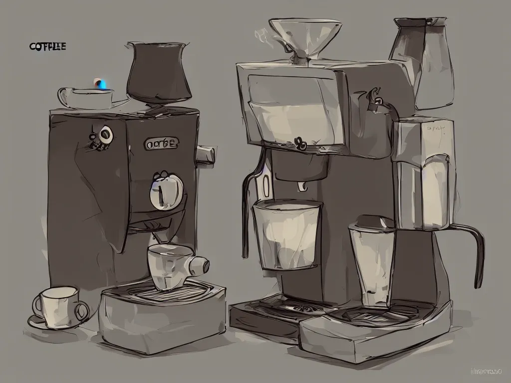 Prompt: coffee machine, by pixar, serene illustration, fresh colors, conceptart, trending on artstation