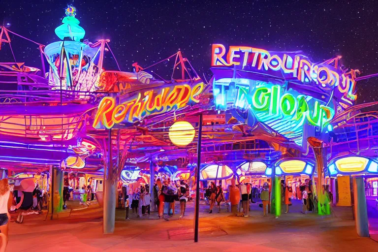 Image similar to retrofuturistic theme park, night glow