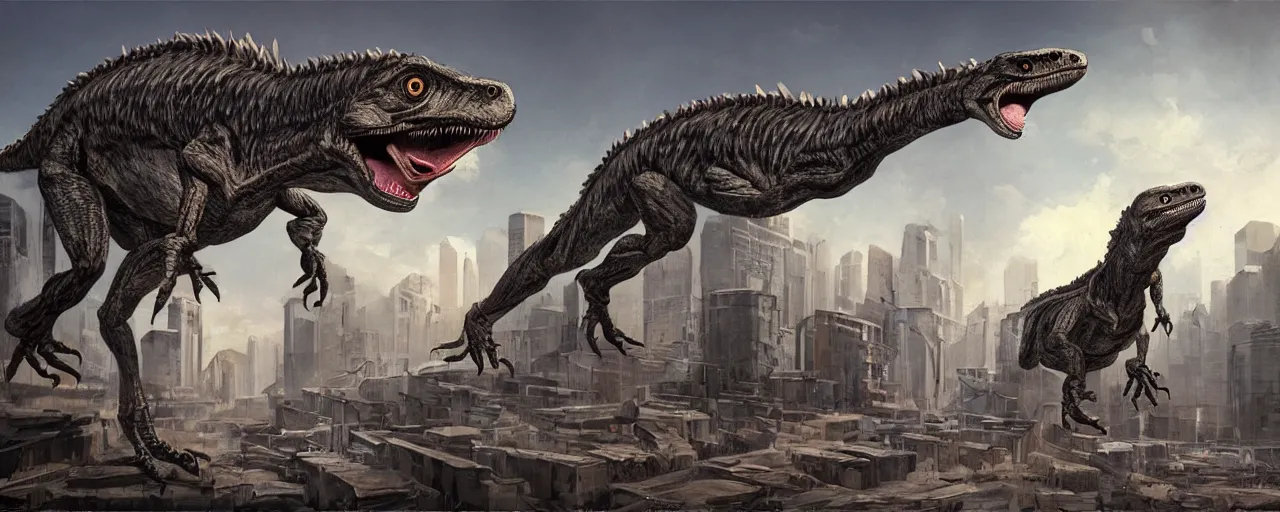 Image similar to An artwork of a velociraptor in a dystopian city, paleo art, brutalism