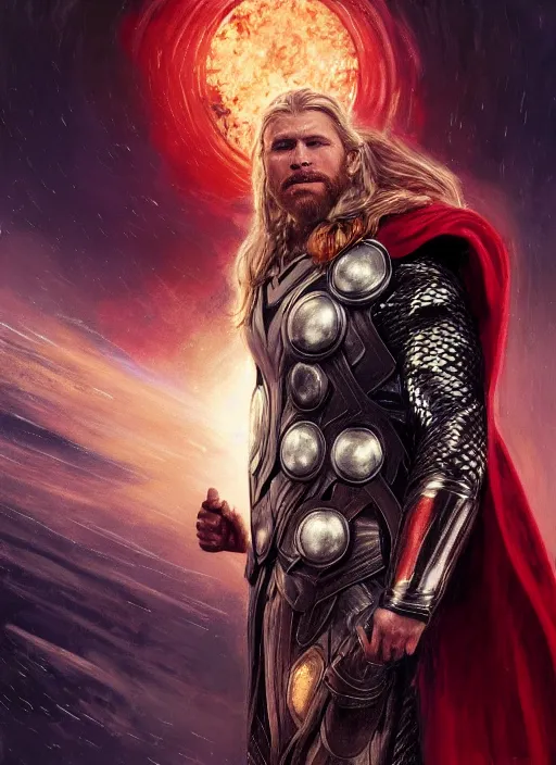 Image similar to detailed portrait of Thor wearing a cloak over his head, eyes on fire with celestial flames, a halo of shimmering color around him, future earth in the background, by Jason Jenicke and Jeremy Mann, intricate, beautiful, stylized, detailed, realistic, loose brush strokes, dramatic, enduring, captivating, Artstation