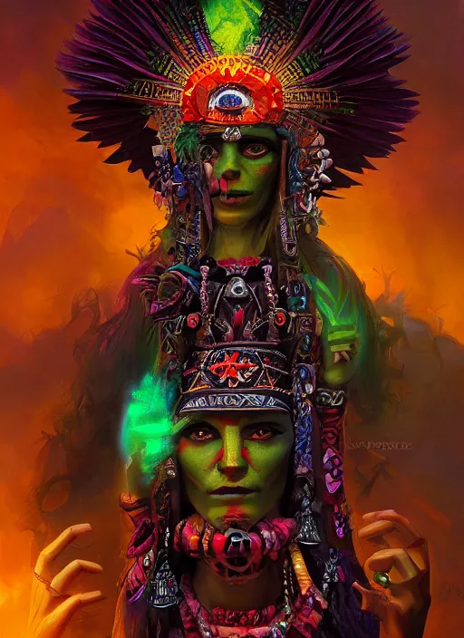 Image similar to aztec pepe goddess, vivid colors, war of colorss, dark shadows, contrast, concept art, sharp focus, digital art, Hyper-realistic, 4K, Unreal Engine, Highly Detailed, Dramatic Lighting, Beautiful, by Brom, bastien lecouffe-deharme