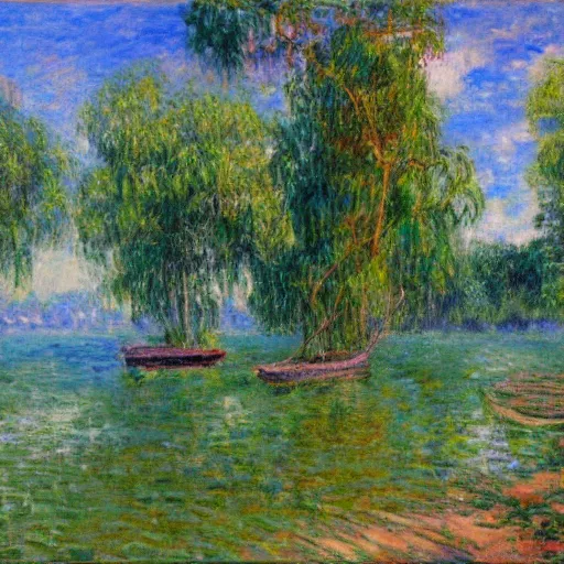 Prompt: small lakefront jungle fishing town, matte painting, trending on artstation, style of Monet, van rysselberghe