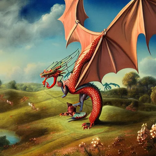 Prompt: Dragon in English meadow, Rococo, illustration, oil painting